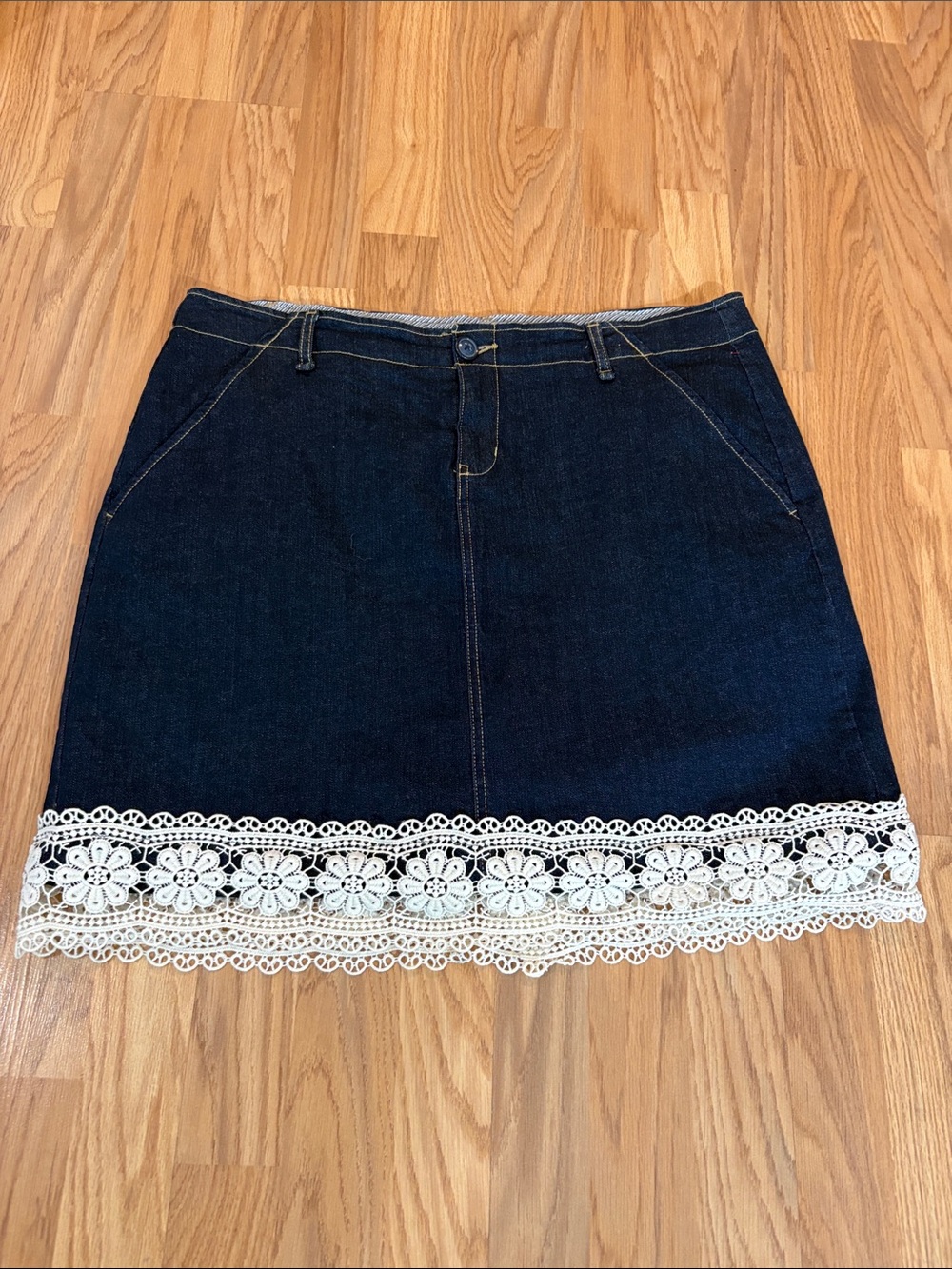 Jessica Dark Blue Denim Skort with White Floral Lace Hem
